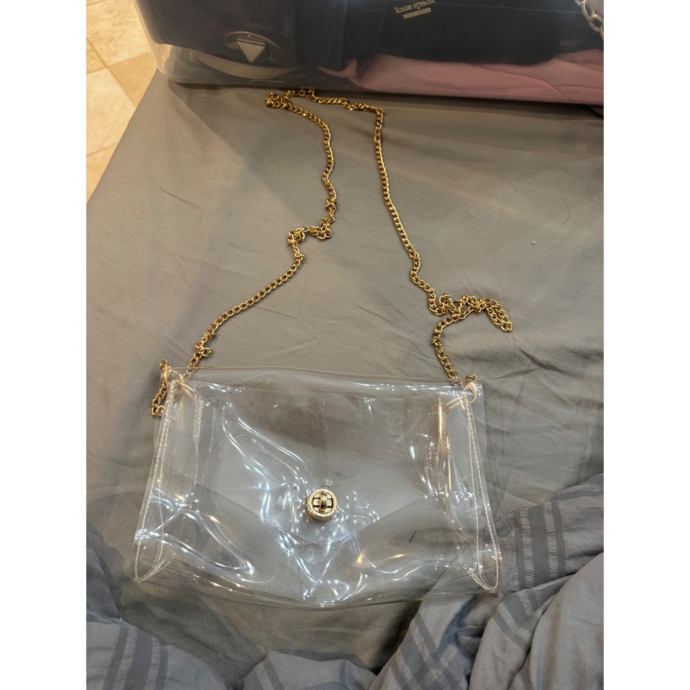 Clear PVC Crossbody Bag Gold Chain Strap Stadium Approved Transparent Clutch